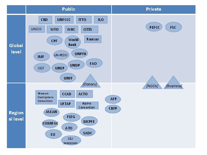 Public CBD UNEP PEFCC FSC Ramsar UNPFII UN-REDD GEF ILO CITES World Bank CPF