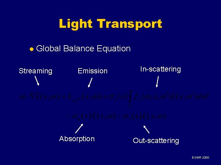 Light Transport l Global Balance Equation Streaming Emission Absorption In-scattering Out-scattering EGWR 2000 Light Transport l Global Balance Equation Streaming Emission Absorption In-scattering Out-scattering EGWR 2000