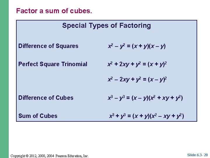 Factor a sum of cubes. Special Types of Factoring Difference of Squares x 2 Factor a sum of cubes. Special Types of Factoring Difference of Squares x 2