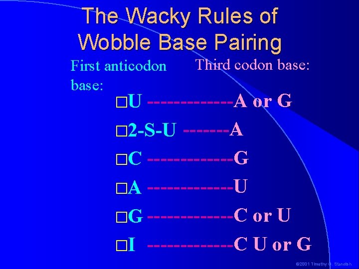 The Wacky Rules of Wobble Base Pairing Third codon base: First anticodon base: �U The Wacky Rules of Wobble Base Pairing Third codon base: First anticodon base: �U