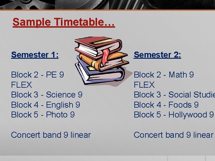 Sample Timetable… Semester 1: Semester 2: Block 2 - PE 9 FLEX Block 3
