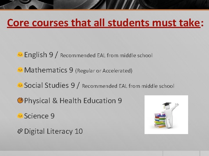 Core courses that all students must take: English 9 / Recommended EAL from middle