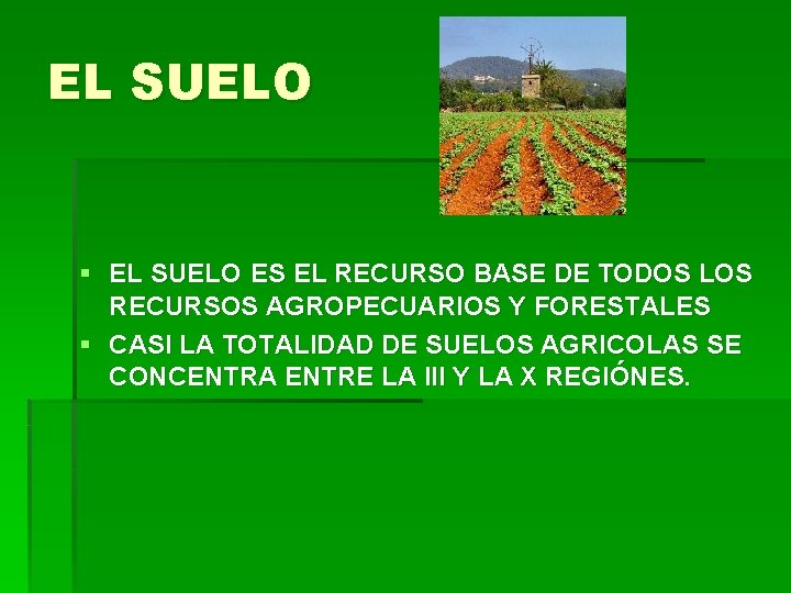 EL SUELO § EL SUELO ES EL RECURSO BASE DE TODOS LOS RECURSOS AGROPECUARIOS