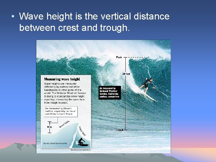  • Wave height is the vertical distance between crest and trough. 
