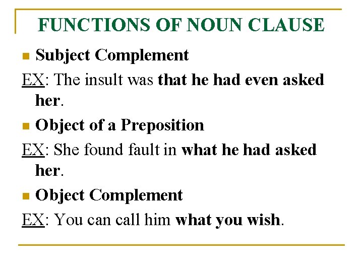 FUNCTIONS OF NOUN CLAUSE Subject Complement EX: The insult was that he had even