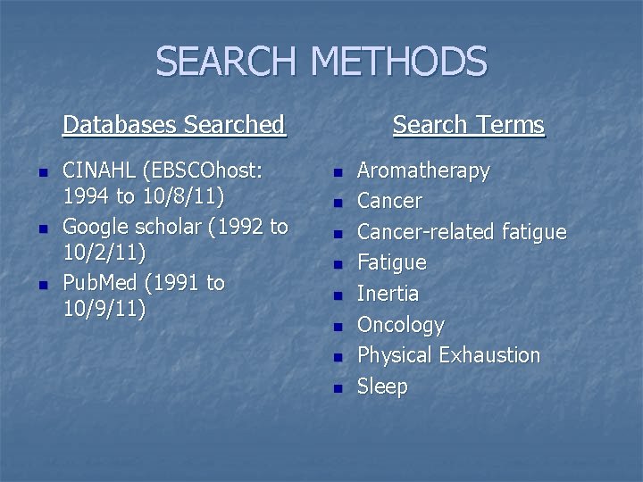 SEARCH METHODS Databases Searched n n n CINAHL (EBSCOhost: 1994 to 10/8/11) Google scholar