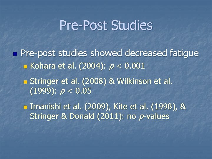 Pre-Post Studies n Pre-post studies showed decreased fatigue n n n Kohara et al.