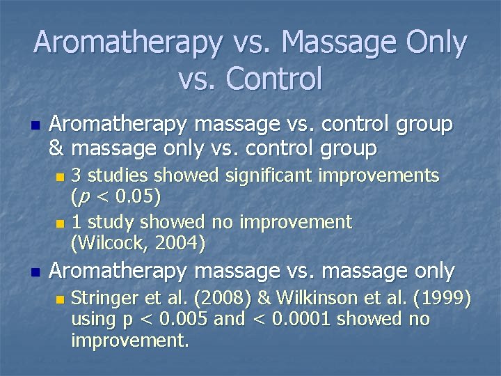 Aromatherapy vs. Massage Only vs. Control n Aromatherapy massage vs. control group & massage