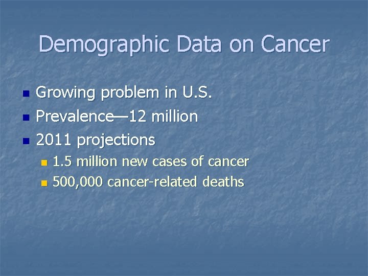 Demographic Data on Cancer n n n Growing problem in U. S. Prevalence— 12