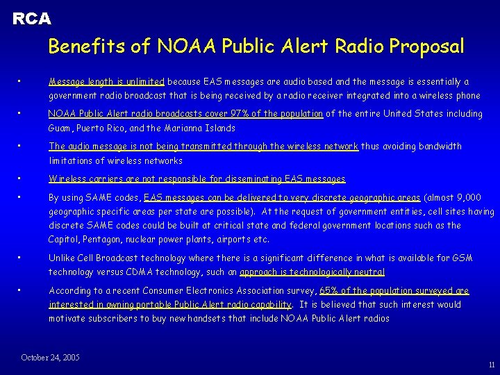 RCA Benefits of NOAA Public Alert Radio Proposal • Message length is unlimited because