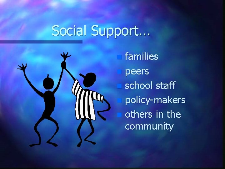 Social Support. . . families n peers n school staff n policy-makers n others