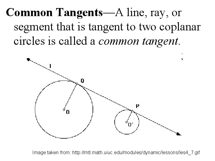 Common Tangents—A line, ray, or segment that is tangent to two coplanar circles is