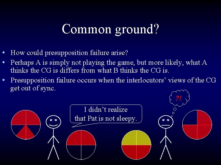 Common ground? • How could presupposition failure arise? • Perhaps A is simply not