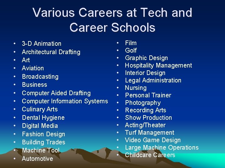 Various Careers at Tech and Career Schools • • • • 3 -D Animation