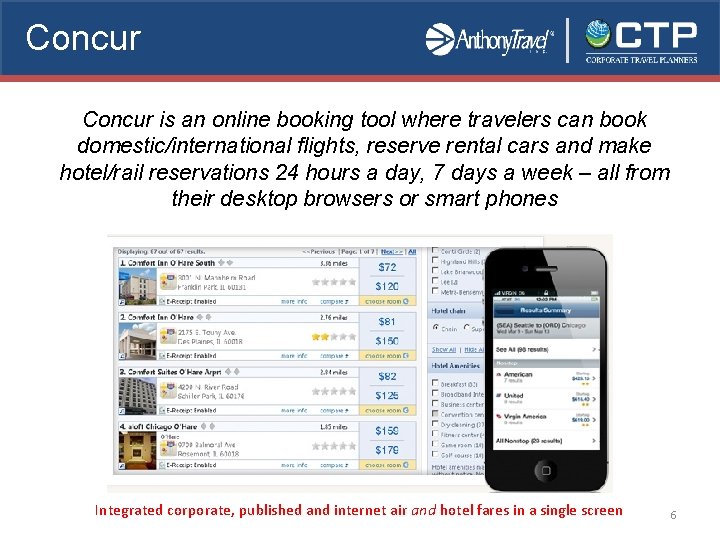 Concur is an online booking tool where travelers can book domestic/international flights, reserve rental