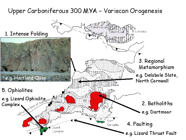 Upper Carboniferous 300 MYA – Variscan Orogenesis 1. Intense Folding 3. Regional Metamorphism e.