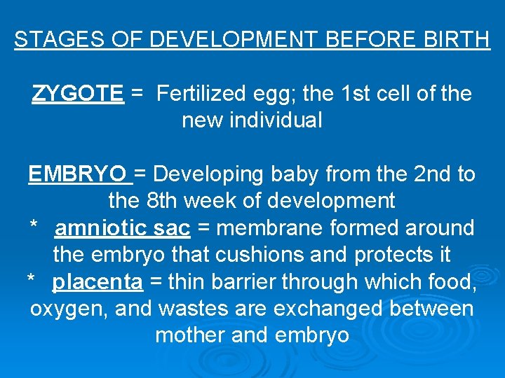 STAGES OF DEVELOPMENT BEFORE BIRTH ZYGOTE = Fertilized egg; the 1 st cell of