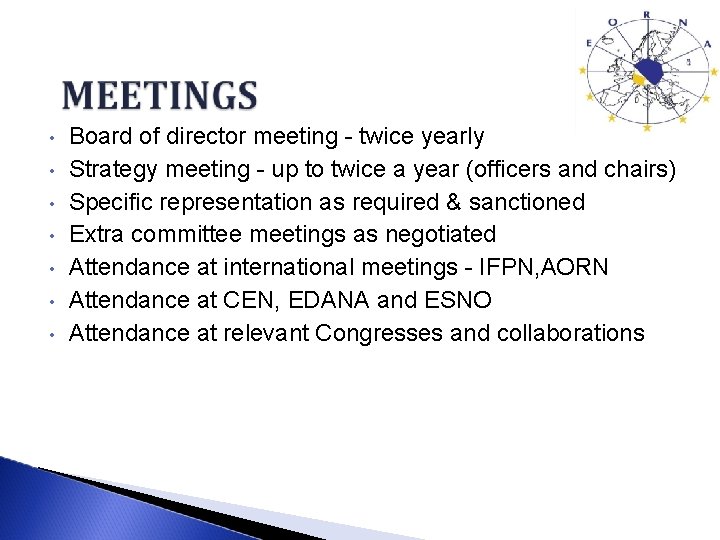  • • Board of director meeting - twice yearly Strategy meeting - up