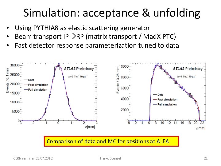 Simulation: acceptance & unfolding • Using PYTHIA 8 as elastic scattering generator • Beam