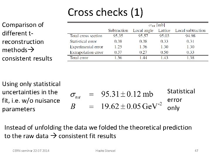 Cross checks (1) Comparison of different treconstruction methods consistent results Using only statistical uncertainties