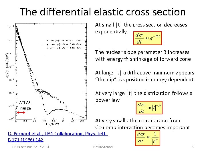 The differential elastic cross section At small |t| the cross section decreases exponentially The