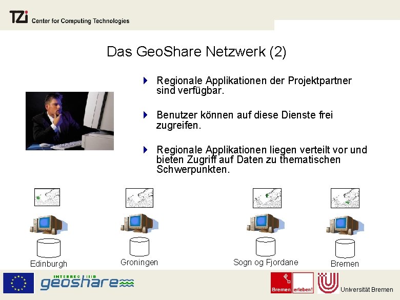 Das Geo. Share Netzwerk (2) } Regionale Applikationen der Projektpartner sind verfügbar. } Benutzer