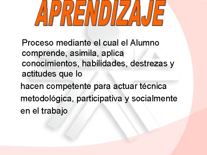 Proceso mediante el cual el Alumno comprende, asimila, aplica conocimientos, habilidades, destrezas y actitudes