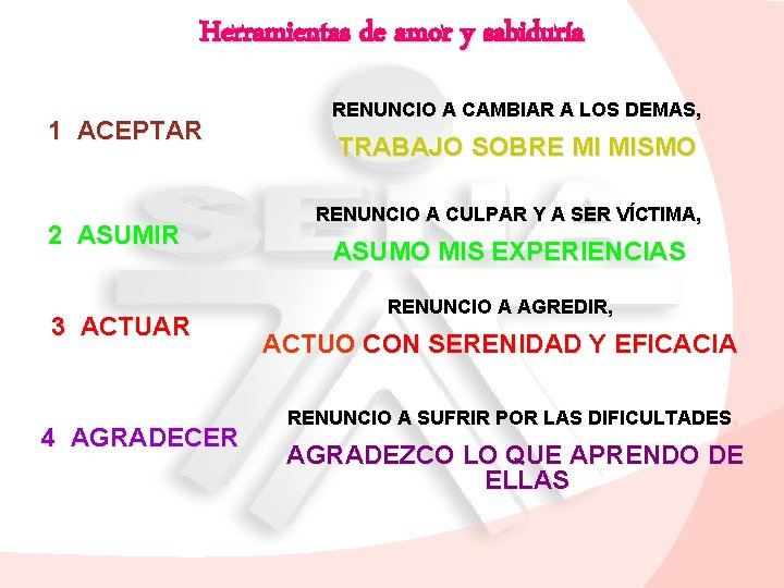 Herramientas de amor y sabiduría 1 ACEPTAR 2 ASUMIR 3 ACTUAR 4 AGRADECER RENUNCIO