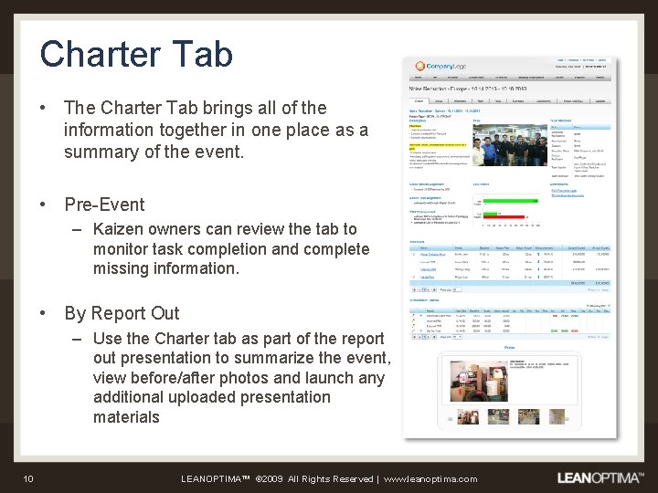 Charter Tab • The Charter Tab brings all of the information together in one