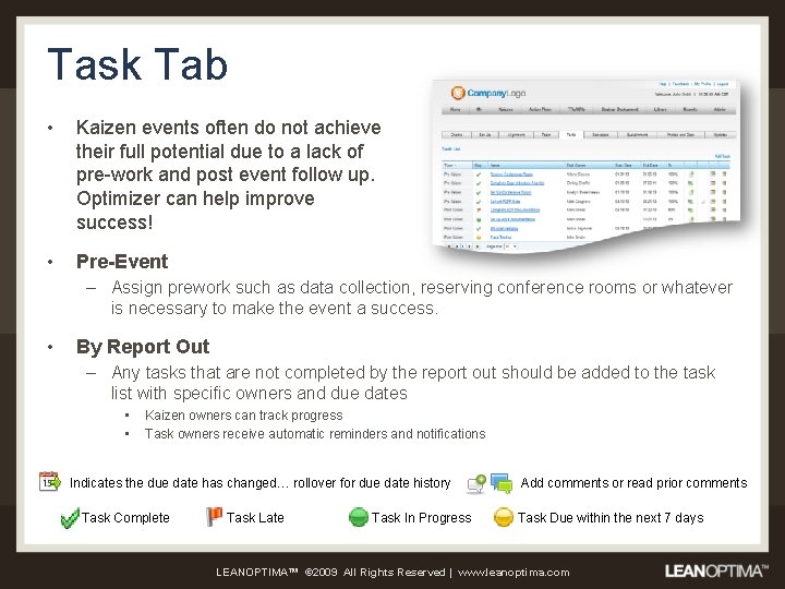 Task Tab • Kaizen events often do not achieve their full potential due to