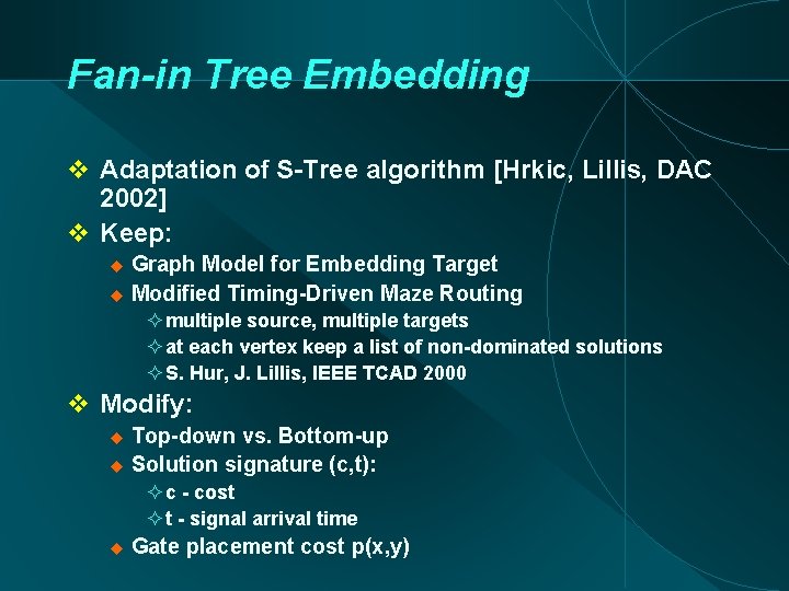 Fan-in Tree Embedding Adaptation of S-Tree algorithm [Hrkic, Lillis, DAC 2002] Keep: Graph Model