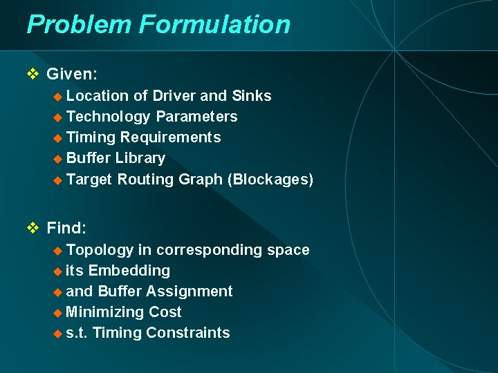 Problem Formulation Given: Location of Driver and Sinks Technology Parameters Timing Requirements Buffer Library