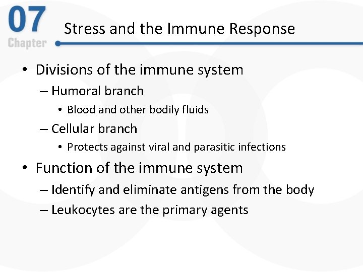 Stress and the Immune Response • Divisions of the immune system – Humoral branch