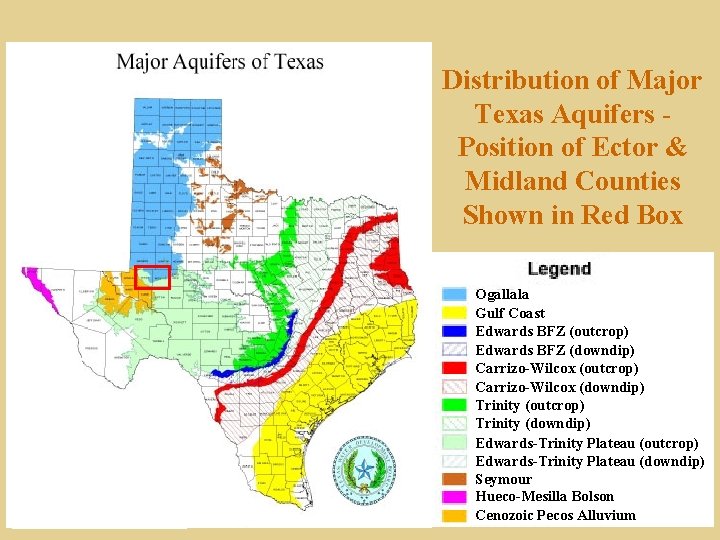 Distribution of Major Texas Aquifers Position of Ector & Midland Counties Shown in Red