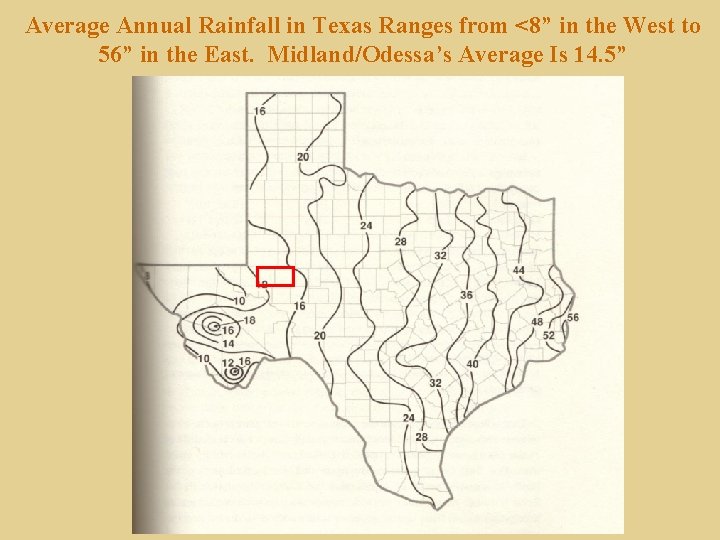 Average Annual Rainfall in Texas Ranges from <8” in the West to 56” in