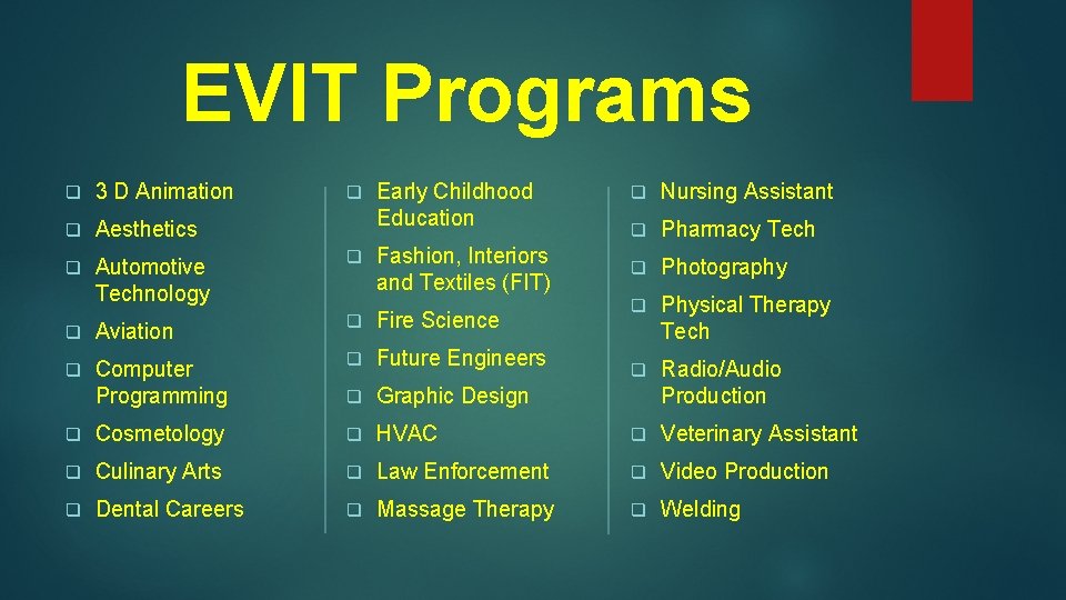 EVIT Programs q 3 D Animation q Nursing Assistant q Aesthetics q Pharmacy Tech EVIT Programs q 3 D Animation q Nursing Assistant q Aesthetics q Pharmacy Tech