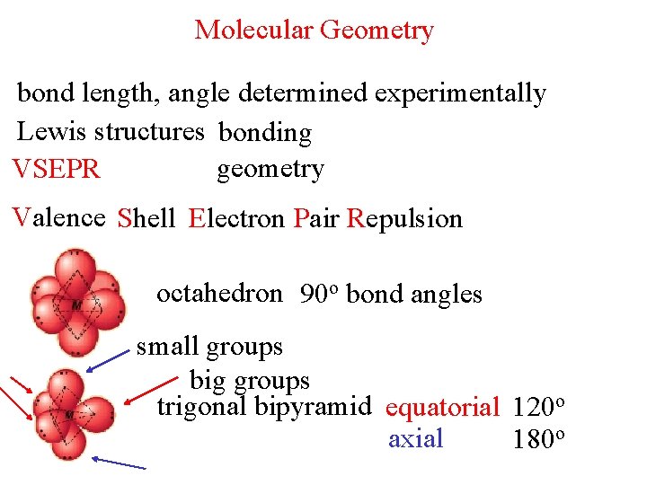 Molecular Geometry bond length, angle determined experimentally Lewis structures bonding geometry VSEPR Valence Shell