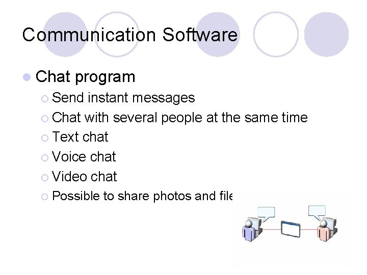 Communication Software l Chat program ¡ Send instant messages ¡ Chat with several people