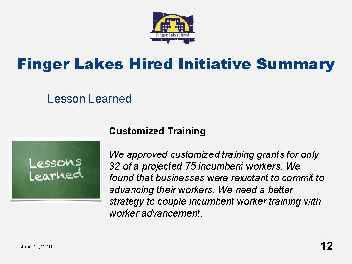 Finger Lakes Hired Initiative Summary Lesson Learned Customized Training We approved customized training grants