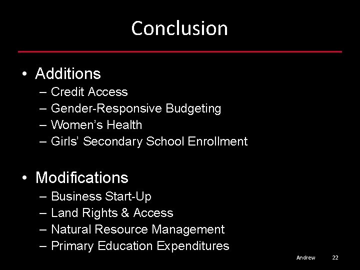 Conclusion • Additions – – Credit Access Gender-Responsive Budgeting Women’s Health Girls’ Secondary School