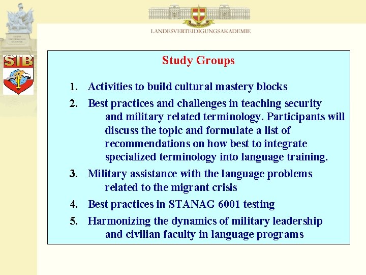 Study Groups 1. Activities to build cultural mastery blocks 2. Best practices and challenges