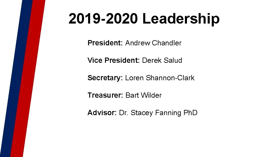 2019 -2020 Leadership President: Andrew Chandler Vice President: Derek Salud Secretary: Loren Shannon-Clark Treasurer: