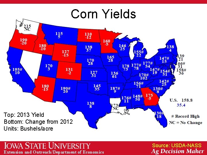 Corn Yields Top: 2013 Yield Bottom: Change from 2012 Units: Bushels/acre Source: USDA-NASS Extension