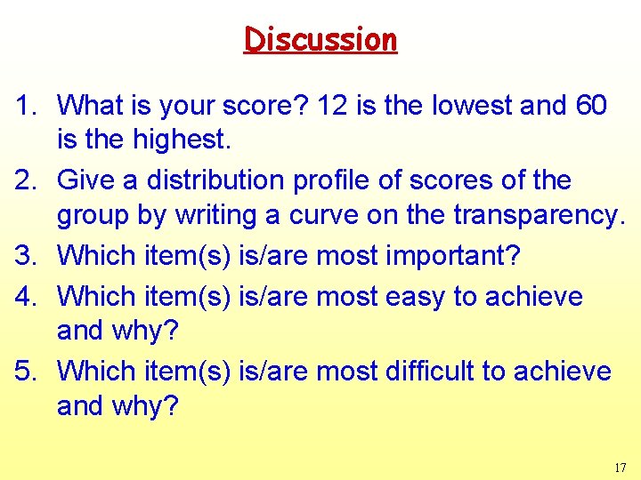 Discussion 1. What is your score? 12 is the lowest and 60 is the Discussion 1. What is your score? 12 is the lowest and 60 is the