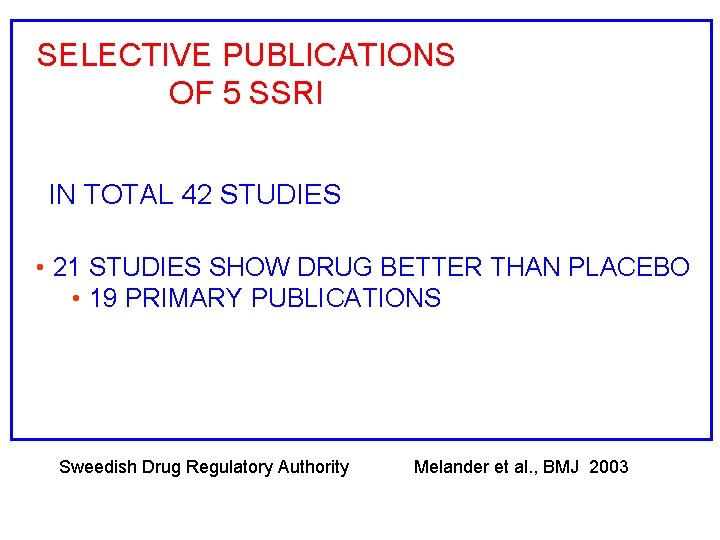 SELECTIVE PUBLICATIONS OF 5 SSRI IN TOTAL 42 STUDIES • 21 STUDIES SHOW DRUG