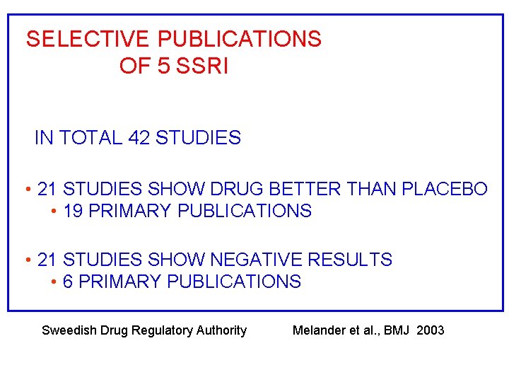 SELECTIVE PUBLICATIONS OF 5 SSRI IN TOTAL 42 STUDIES • 21 STUDIES SHOW DRUG