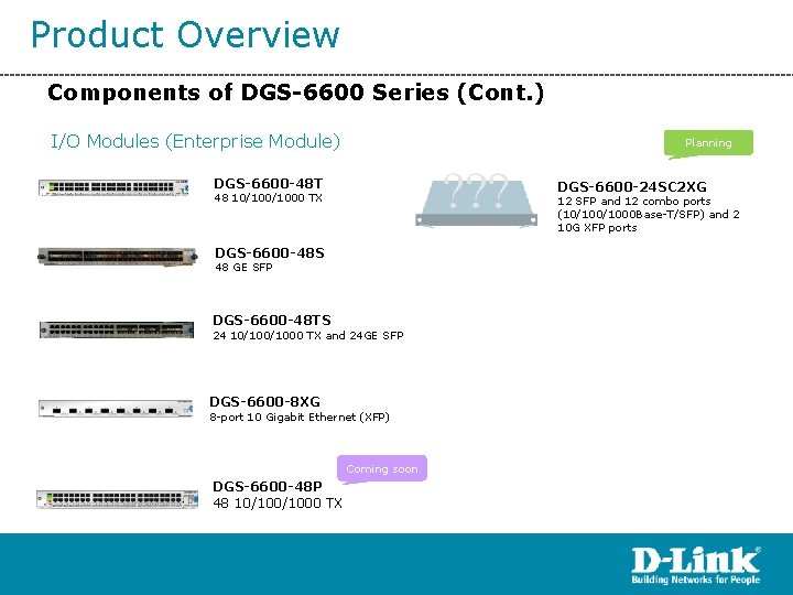 Product Overview Components of DGS-6600 Series (Cont. ) I/O Modules (Enterprise Module) Planning DGS-6600 Product Overview Components of DGS-6600 Series (Cont. ) I/O Modules (Enterprise Module) Planning DGS-6600
