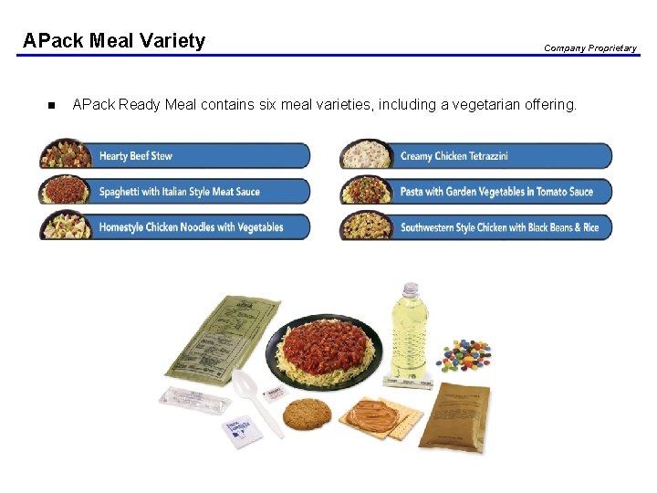 APack Meal Variety n Company Proprietary APack Ready Meal contains six meal varieties, including