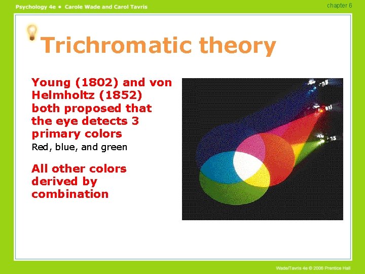 chapter 6 Trichromatic theory Young (1802) and von Helmholtz (1852) both proposed that the