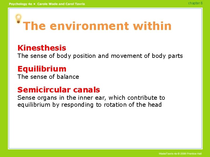 chapter 6 The environment within Kinesthesis The sense of body position and movement of